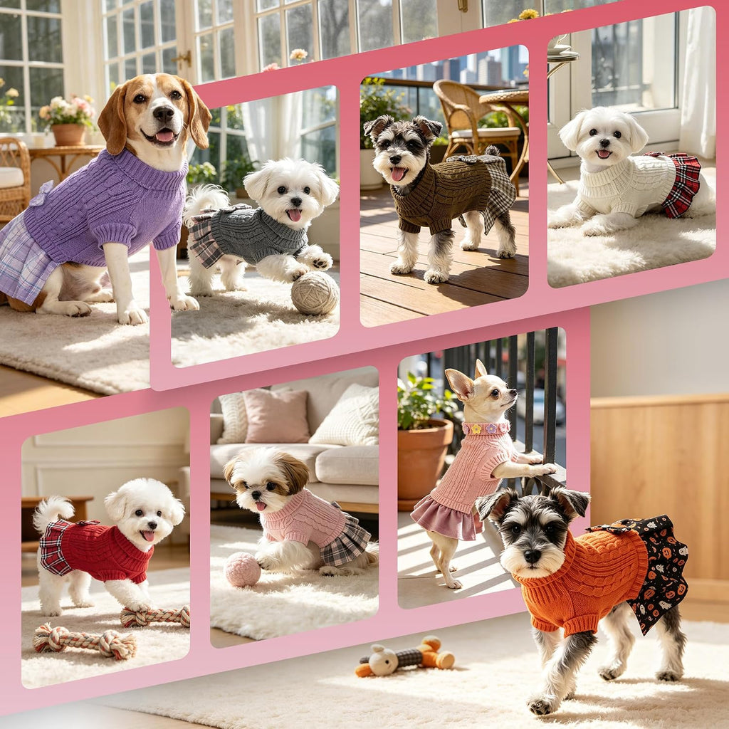 Small Dog Sweater Dress with Bowtie Turtleneck - Knitted Pet Clothes
