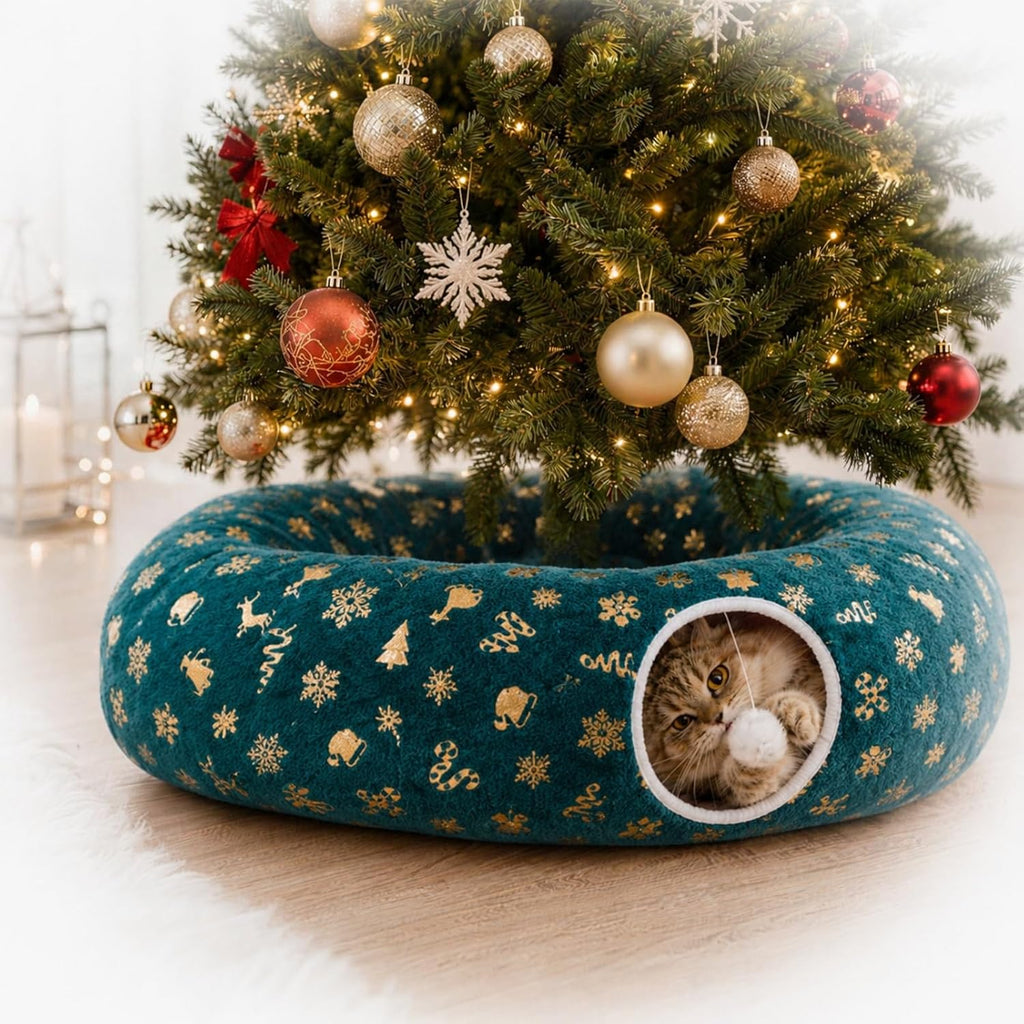 35.4" Christmas Cat Tunnel Bed, Plush Cat Cave & Tree Skirt