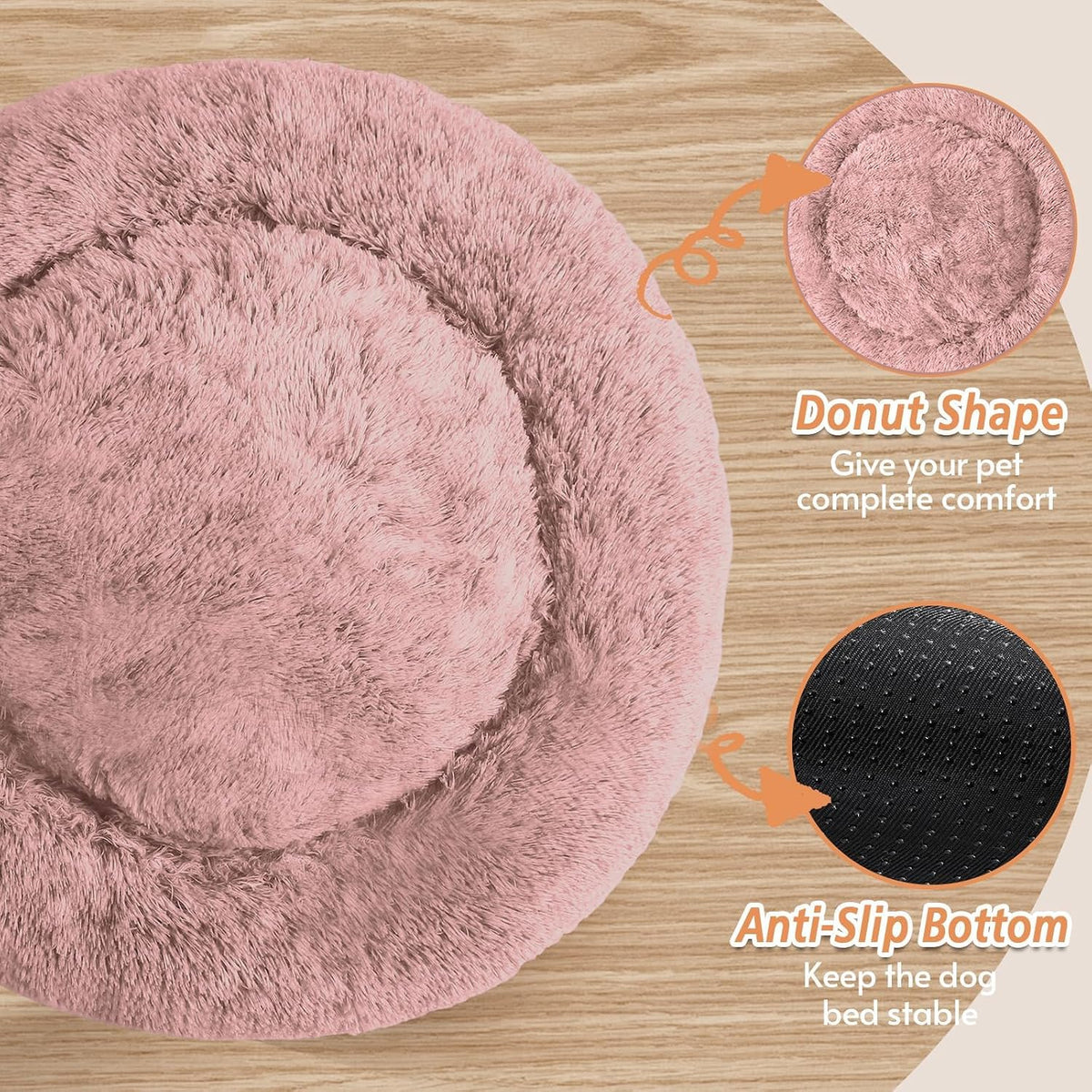 JOLLYVOGUE Calming Dog Bed Medium Size Dog, Anti-Anxiety Donut Medium Pet Bed, 27 inches Fluffy Faux Fur Round Cat Bed (