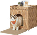 Feandrea Cat Litter Box Enclosure, Handwoven Rattan End Table, Extra Mat