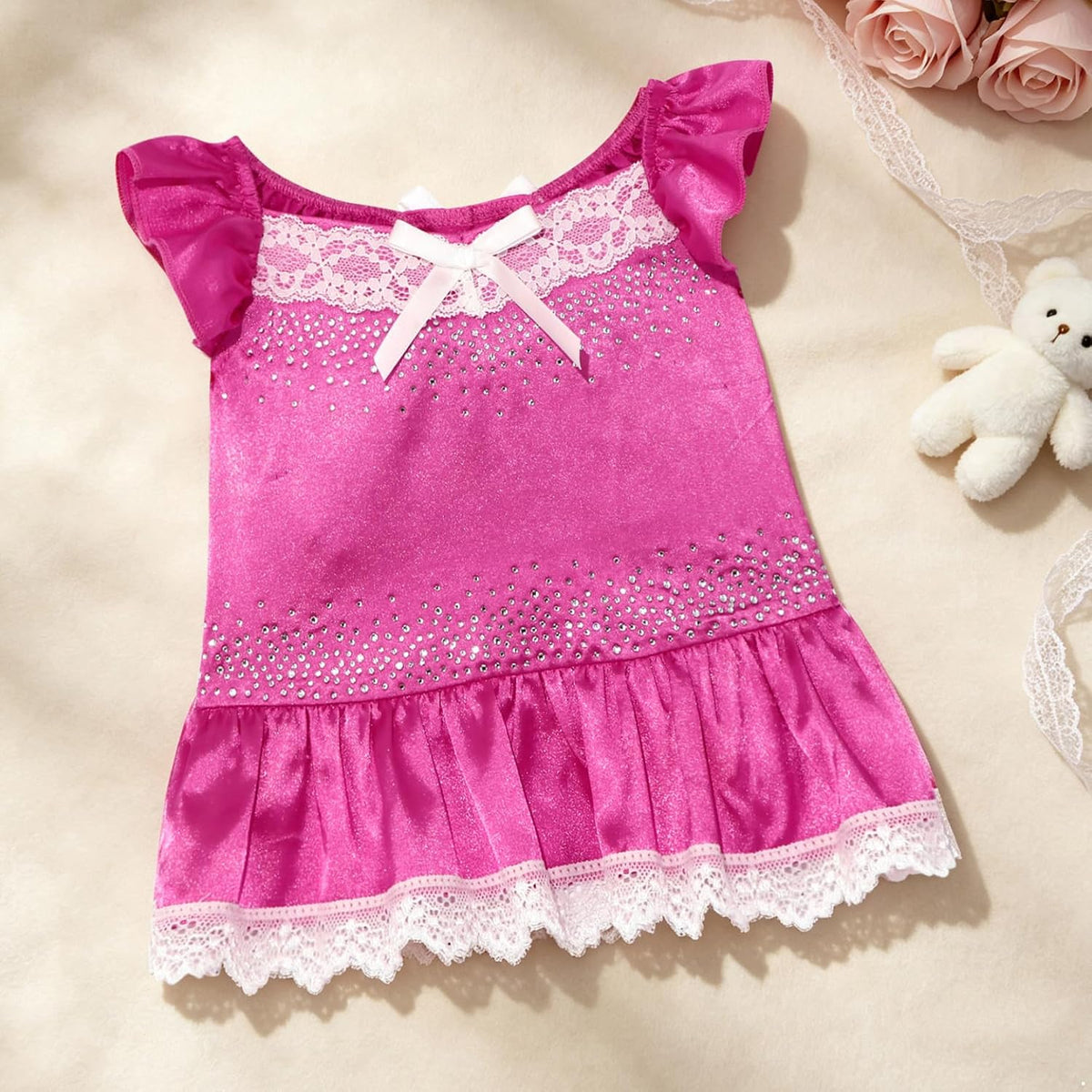 Yartina Fuchsia Pink Dog Dress for Small Female Dogs, Satin Lace Party Outfit Hot Pink Medium