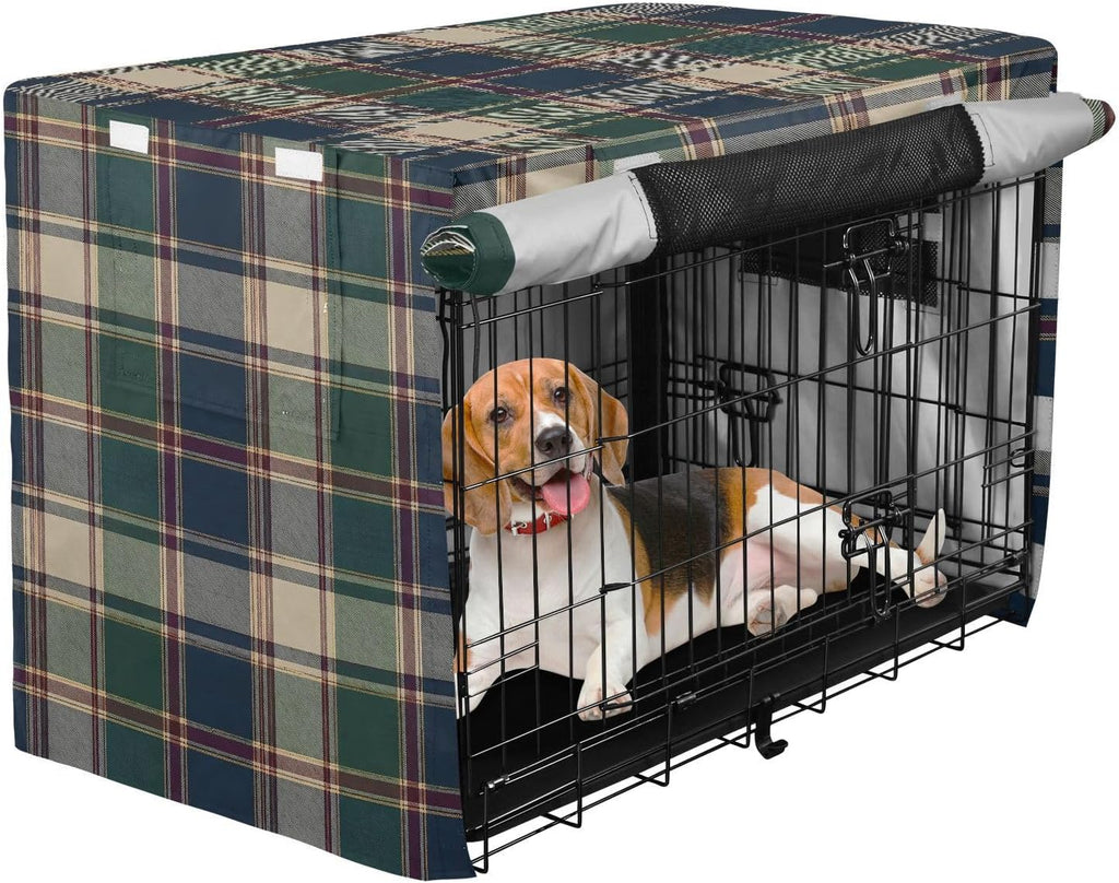 Dark Green Plaid Dog Crate Cover 42" L x 28" W x 30" H, Waterproof Windproof Light Blocking Pet Cage Cover with Roll Up 