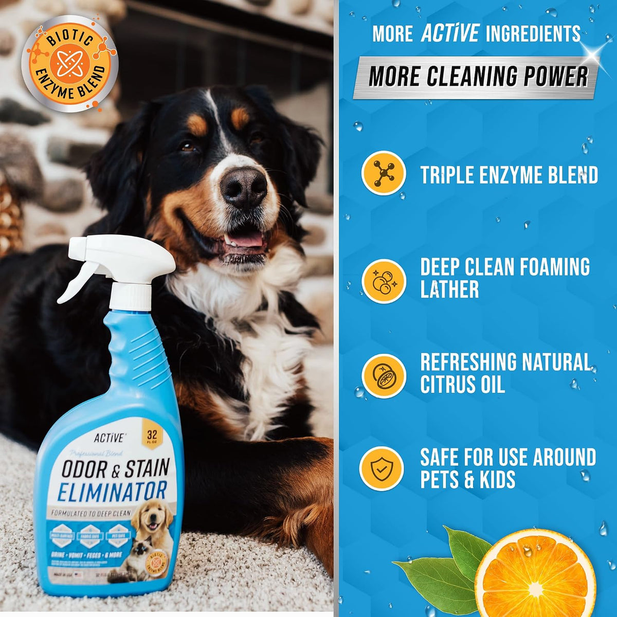 Pet Odor and Stain Eliminator - 32 oz ACTIVE Enzyme Cleaner for Dog & Cat Urine, Stain Remover Spray for Carpet, Upholst