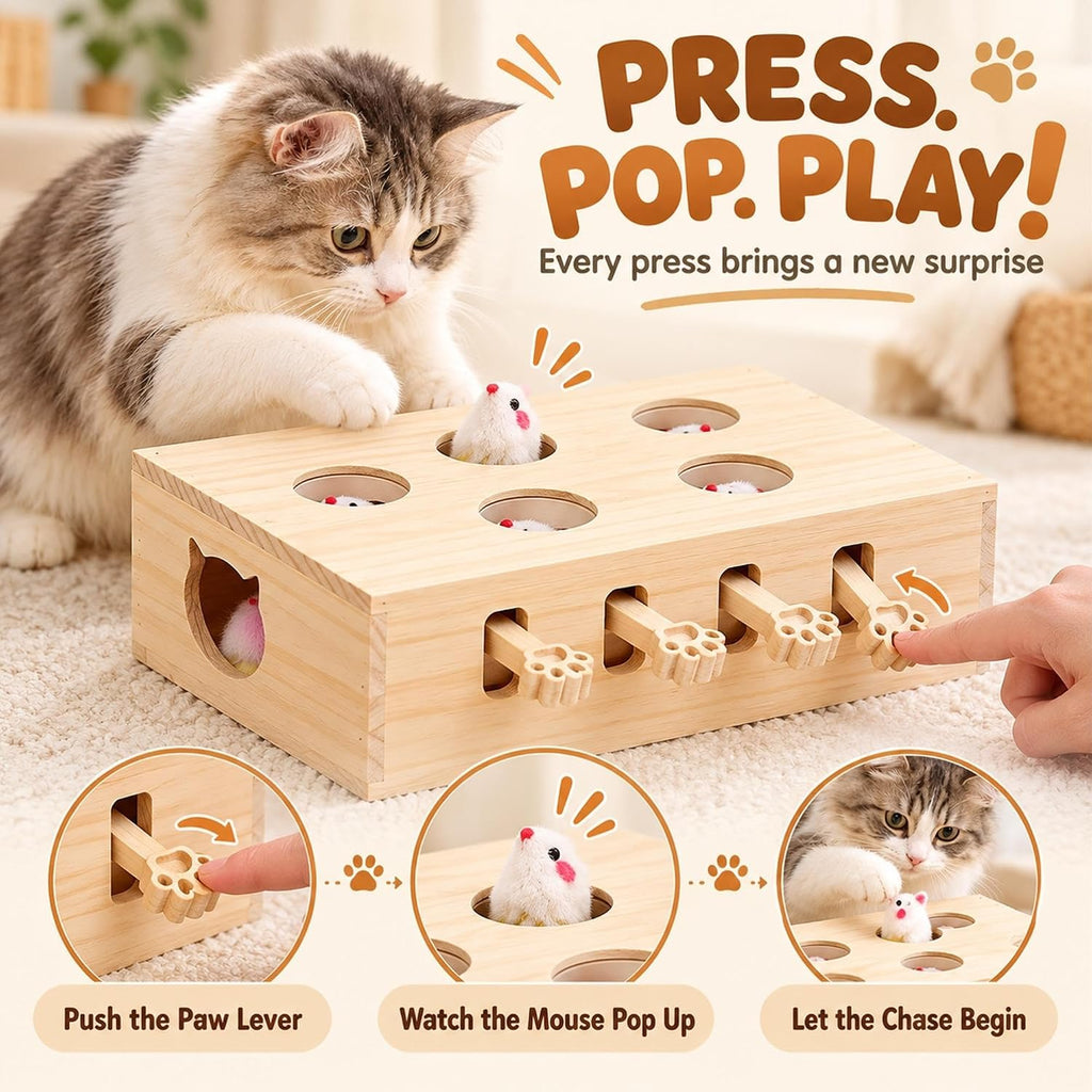 Wooden Whack-A-Mole Pet Game for Dog Cat Interactive Pop Up Puzzle Box, Solid Wood Interactive Cat Toy for Boredom Relie