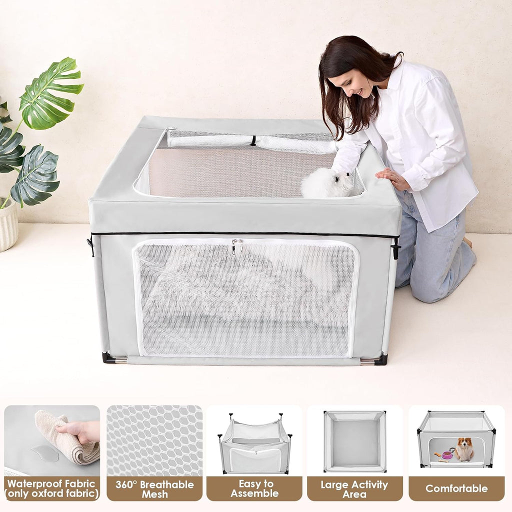 EHEYCIGA 42x42x26 Dog Playpen with Top Cover for Dogs & Cats, Sliver Grey