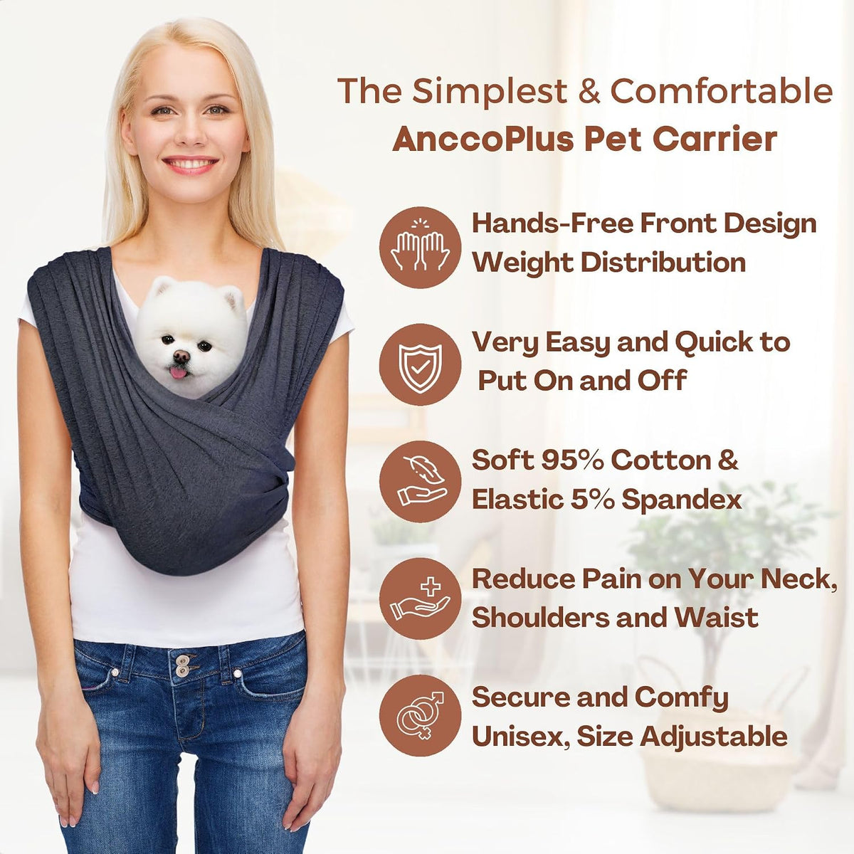 Small Dog Sling Carrier, Hands-Free, Charcoal Black, Regular