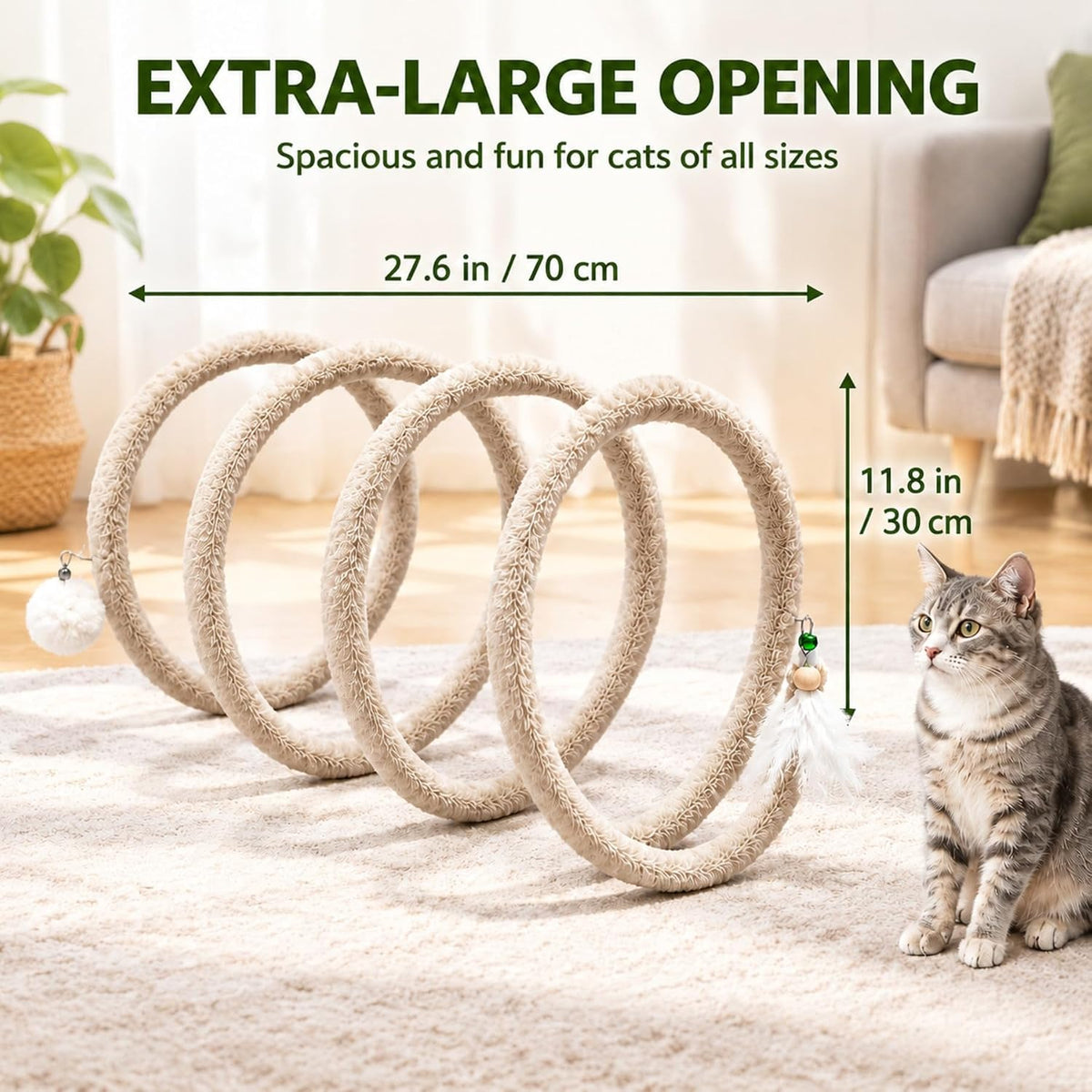 Cat Spiral Tunnel Toy, Plush Spring Coil with Feather Teaser, Bendable