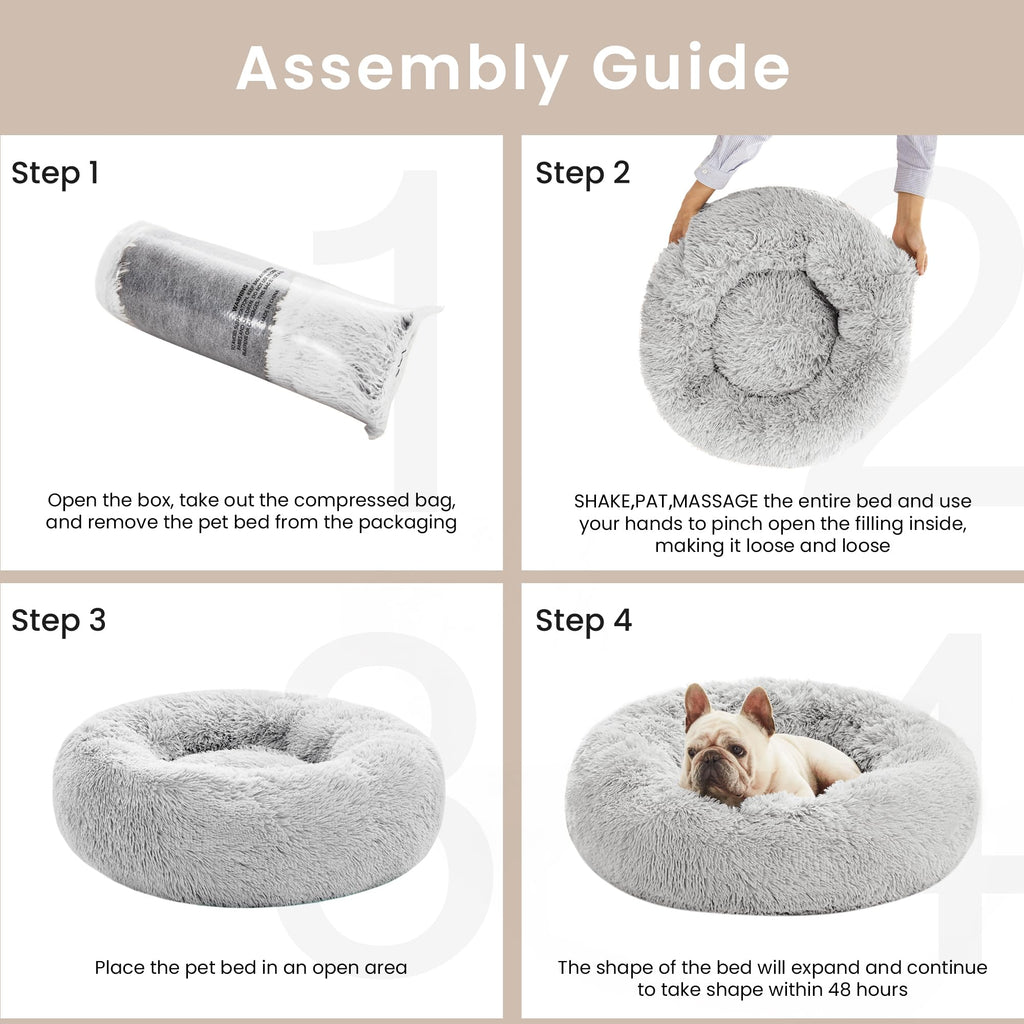 Love's cabin Calming Cat Bed for Indoor Cats, Anti-Anxiety Donut Round Dog Bed, Fluffy Faux Fur Washable Pet Bed for Small Medium Dogs and Cats, Grey, 20in