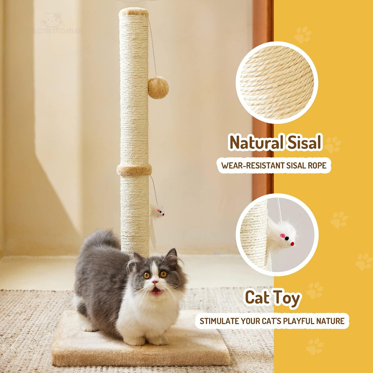 MeowHomm 32” Tall Cat Scratching Posts for Indoor Cats Adults with 2 Hanging Ball, Large Cat Scratch Post Cat Scratcher 