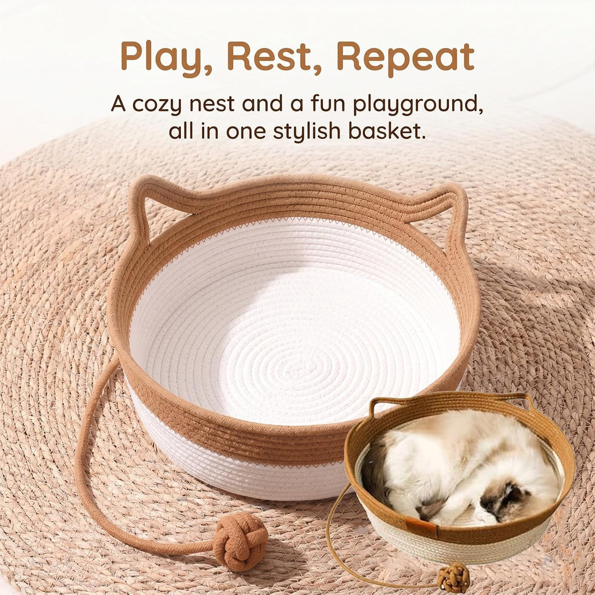 Hand-Woven cat Bed Basket with a Hanging Ball for Better Breathability (Caramel, Large)