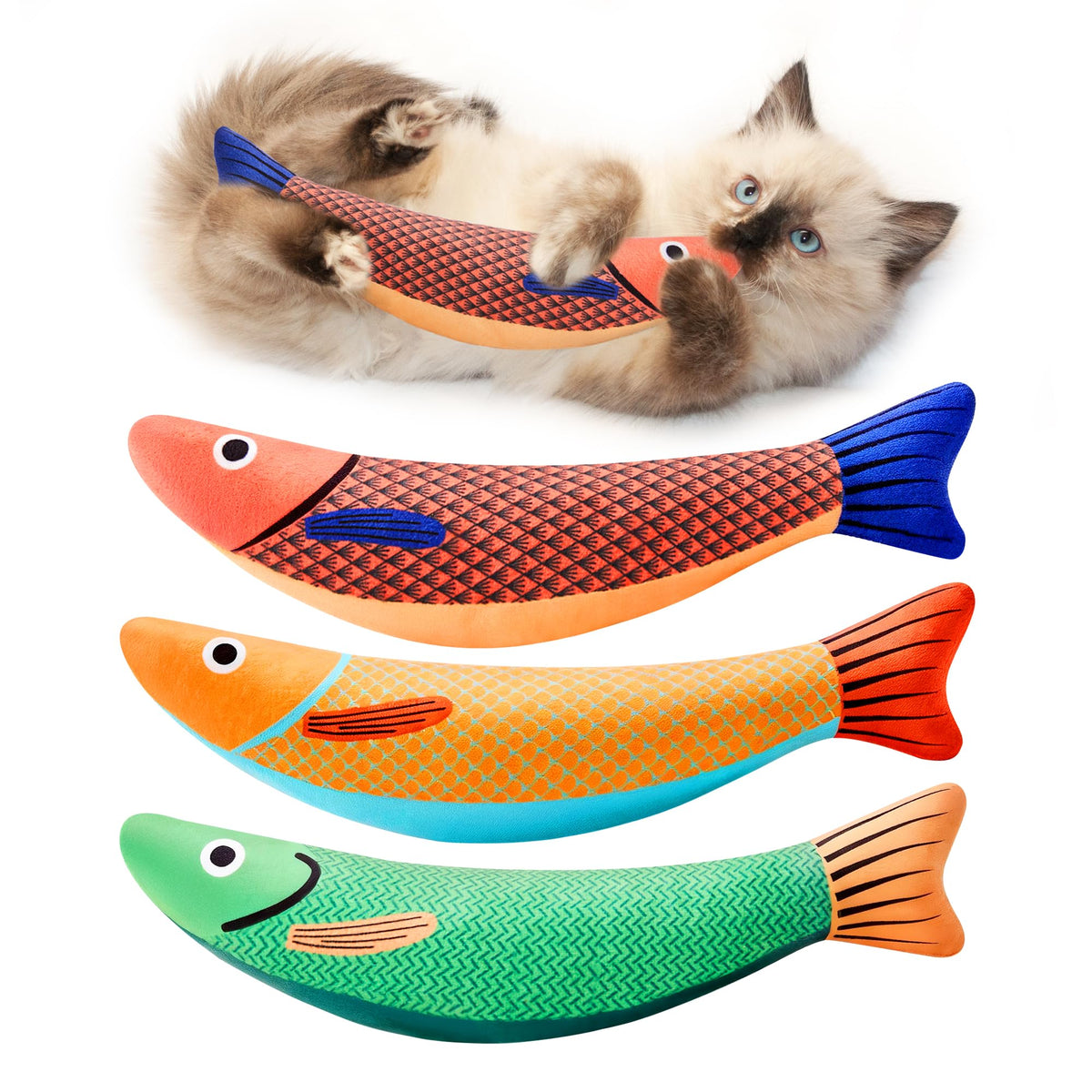 Potaroma Cat Toys Saury Fish, 3 Pack, Catnip Crinkle Sound, Soft and Durable, Interactive Kitten Kicker for Indoor Kitty Exercise 9.4 Inches for All Breeds