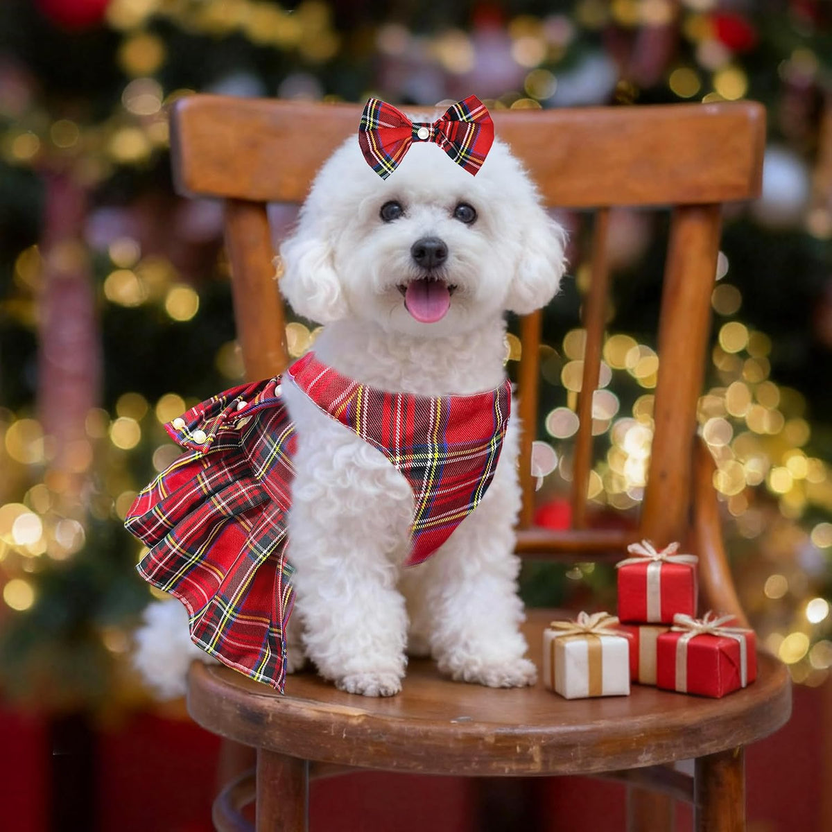 Dog Dress Bowknot Harness Leash Set for Small Dogs Girl Cute Plaid Dog Dress Pearls Bow Tie Spring Summer Princess Cloth