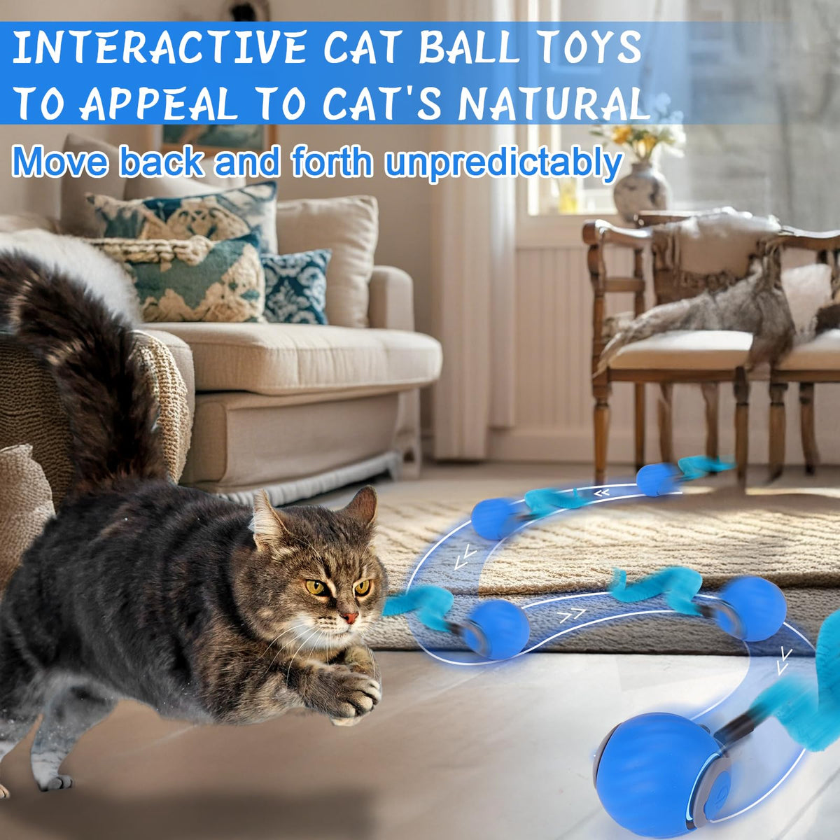 BABORUI Interactive Cat Toy Ball - Automatic Interactive Cat Toys for Indoor Cats with 3 Tails, 2 Speeds Rechargeable Cat Enrichment Toys for Small/Medium/Large Cats to Keep Them Busy(Blue)