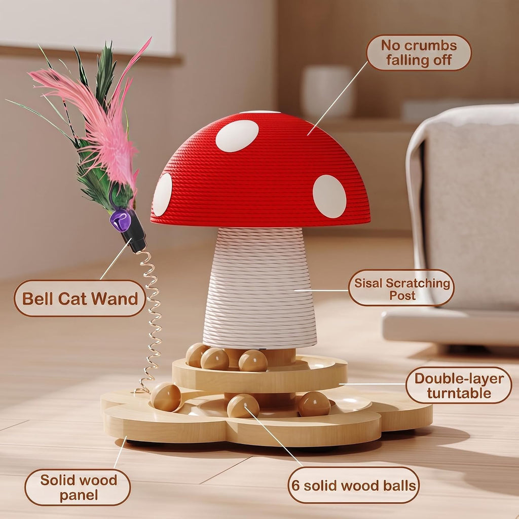 Mushroom Shape, Sisal Scratching Post with Double Layer Turntable & Feather