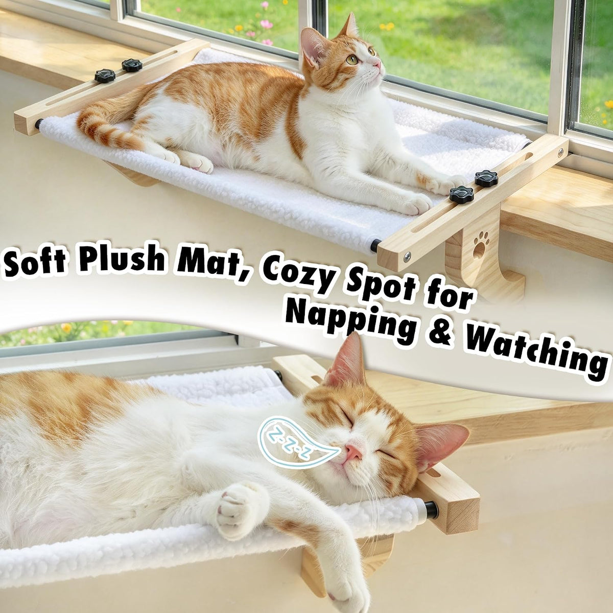 AMOSIJOY Cat Windowsill Perch with Wood & Metal Frame for Large Cat, 21.7in