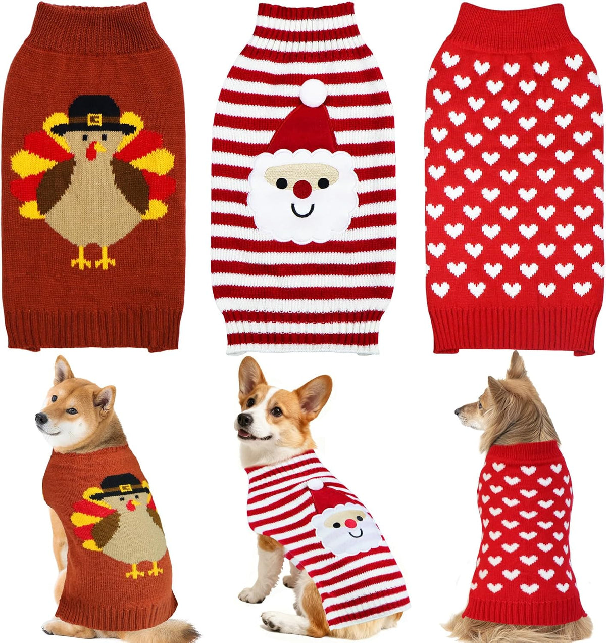 3 Pack Dog Halloween Thanksgiving Christmas Holiday Sweater for Dogs (Medium)