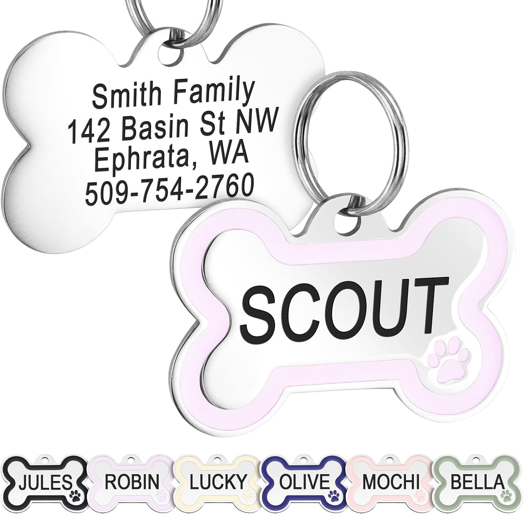 GoTags Stainless Steel Pet ID Tag Bone Round and Heart Shaped Paw Design