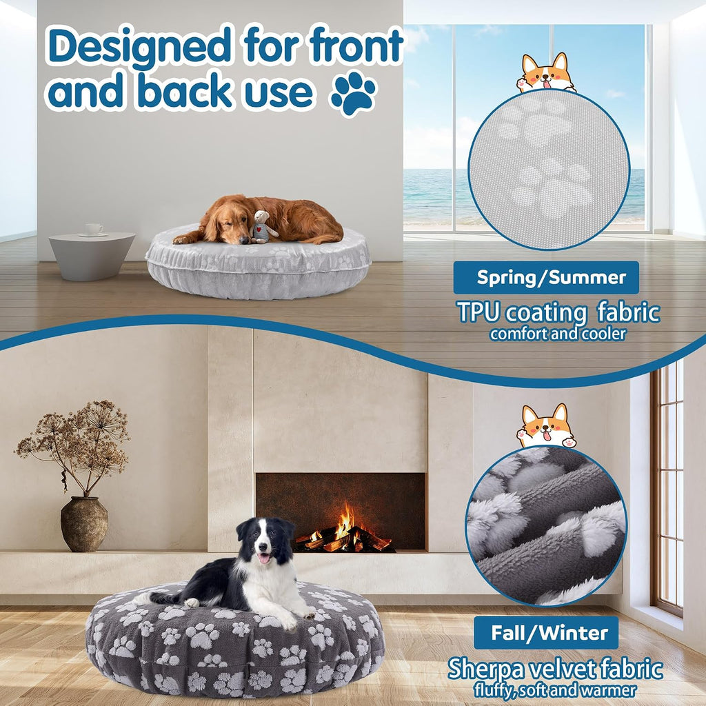 Washable Dog Bed Covers Replacement Round Waterproof Bed Cover for Dog Soft Pet Bed Cover with Lovely Dog Paw Print and 