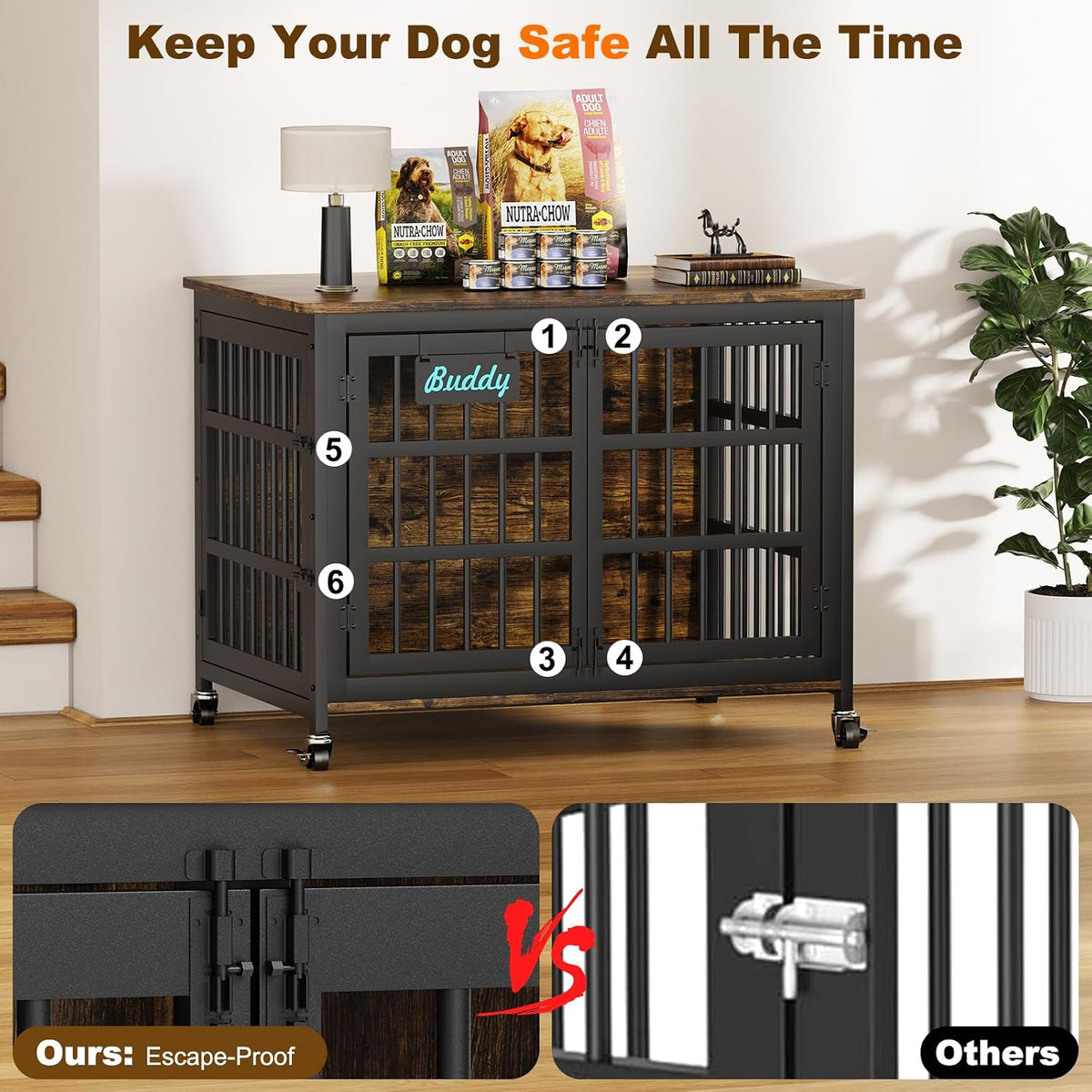EasyCom 41''Dog Crate Furniture with Wheels, Dog Cage for Medium Dogs DC103