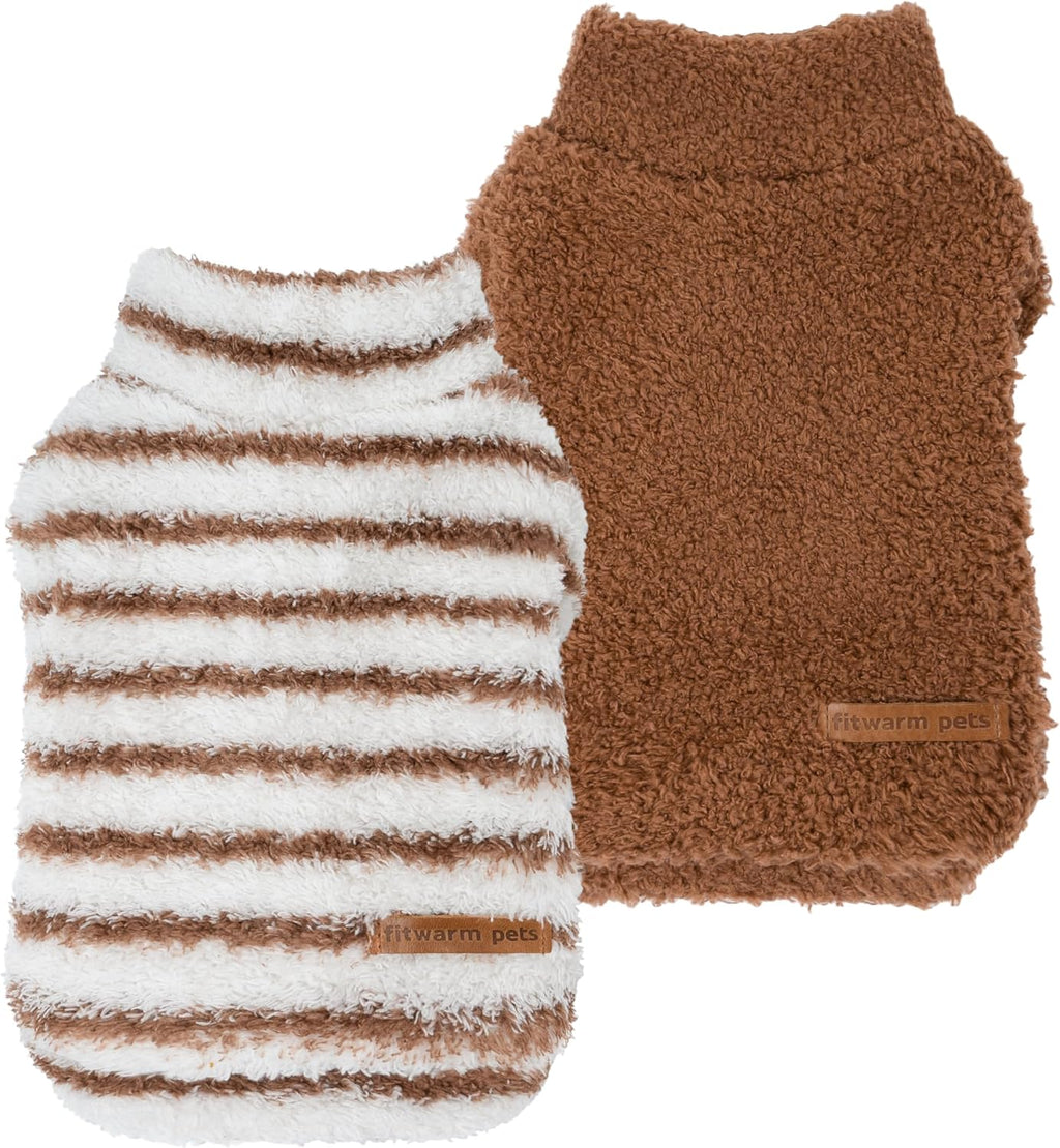 Fitwarm 2 Pack Striped Fleece Dog Sweater, Warm Winter Clothes for Small Dogs Boy Girl, Fuzzy Pet Outfit, White, Brown, 