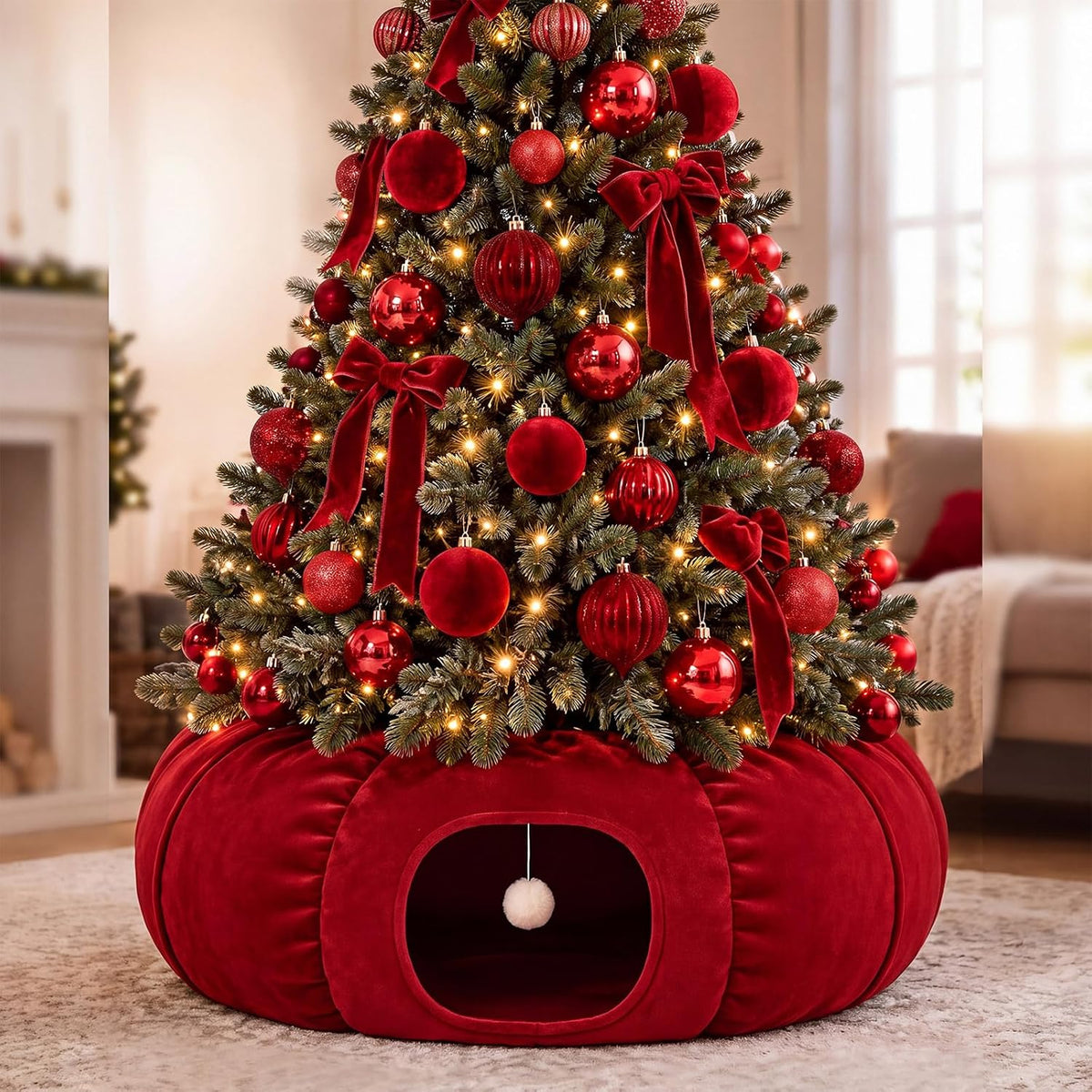 Christmas Tree Cat Tunnel 36in Donut Bed, Red, Velvet, Fluffy