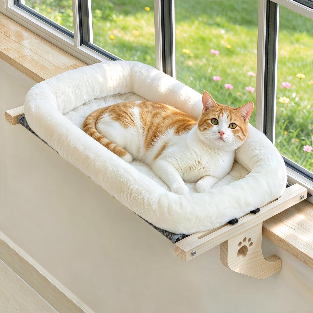 AMOSIJOY Wooden Cat Windowsill Perch with Zipper Cushion Bed, 24.4in