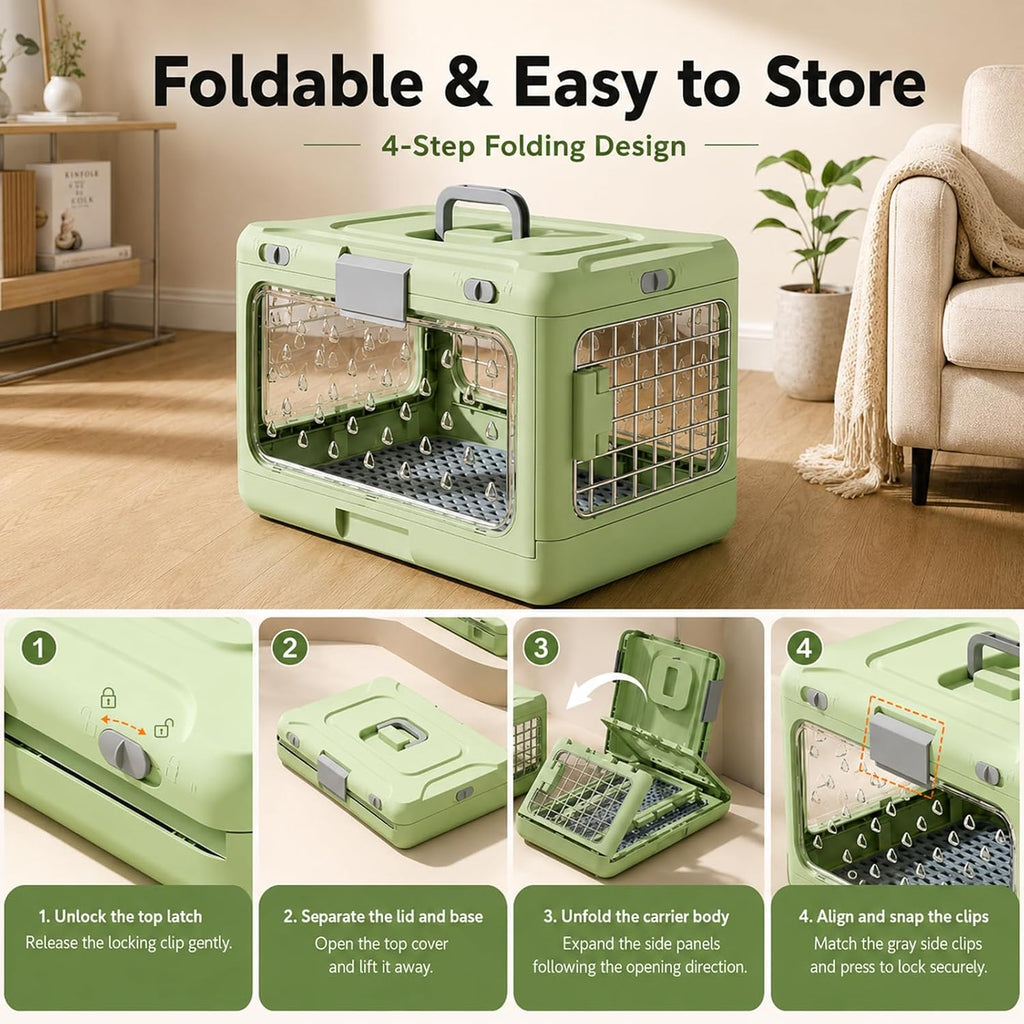 Hard Cat Carrier Foldable,Portable Dog Crate with Ventilation & Raised Separation Meshs Floor,Dog Travel Crate,Collapsib