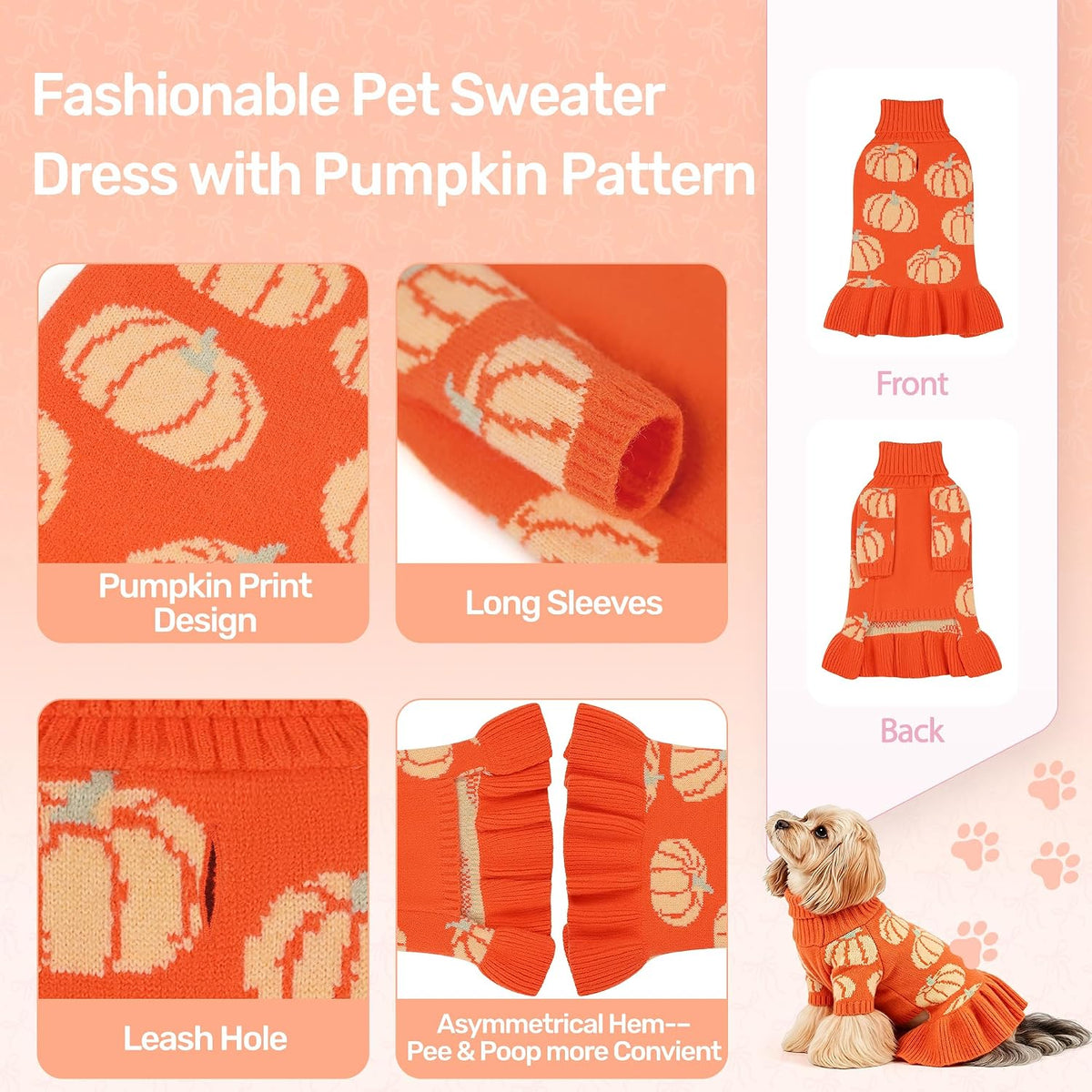 WOYYHO Small Dog Sweater Dress with Pumpkin Print, Halloween Dog Clothes