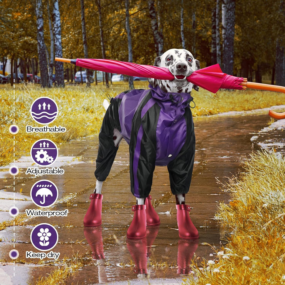 Dog Raincoat, 4 Leg Waterproof Dog Rain Jacket with Hood, Purple M