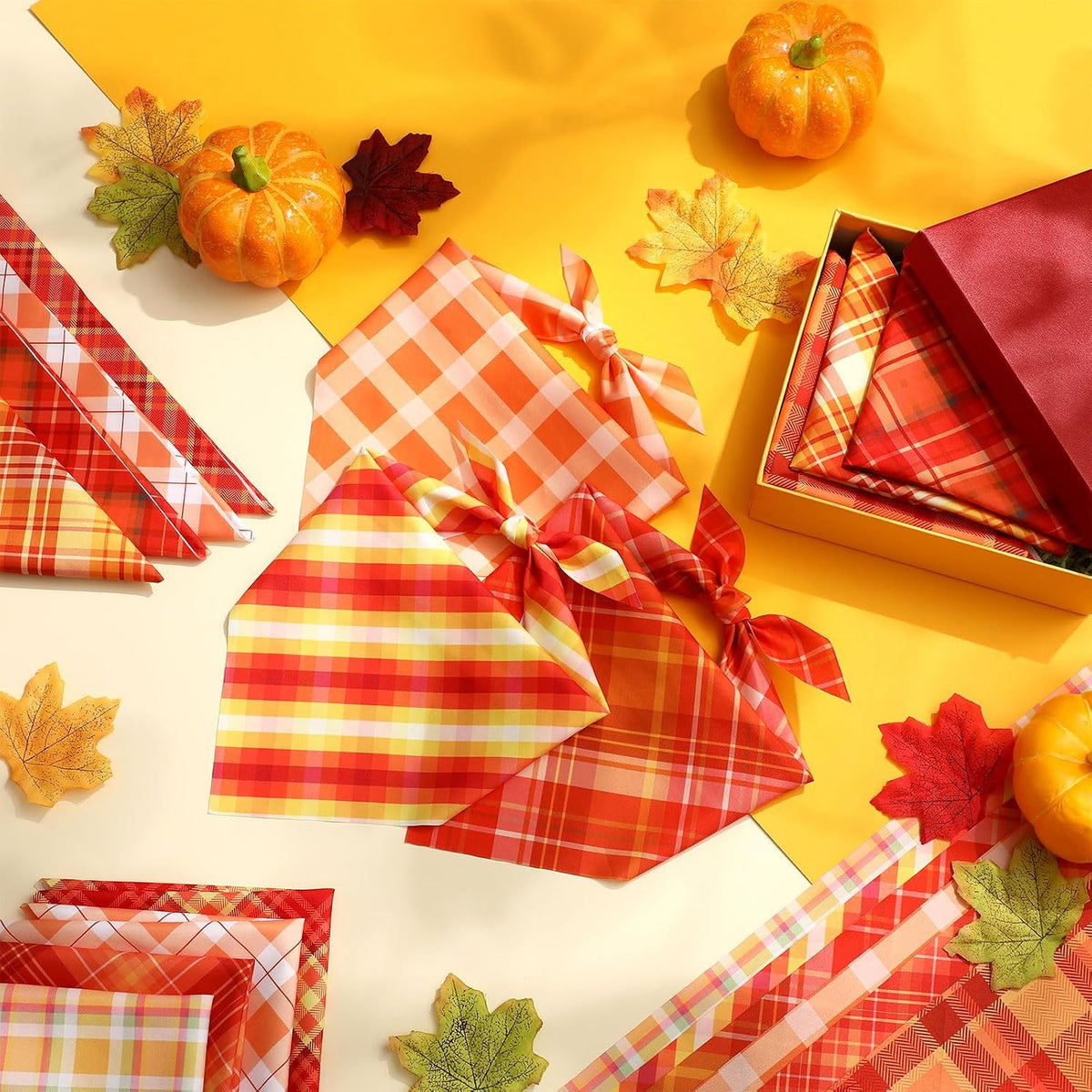 Weewooday 50 Pcs Fall Thanksgiving Plaid Dog Bandanas Bulk for Large