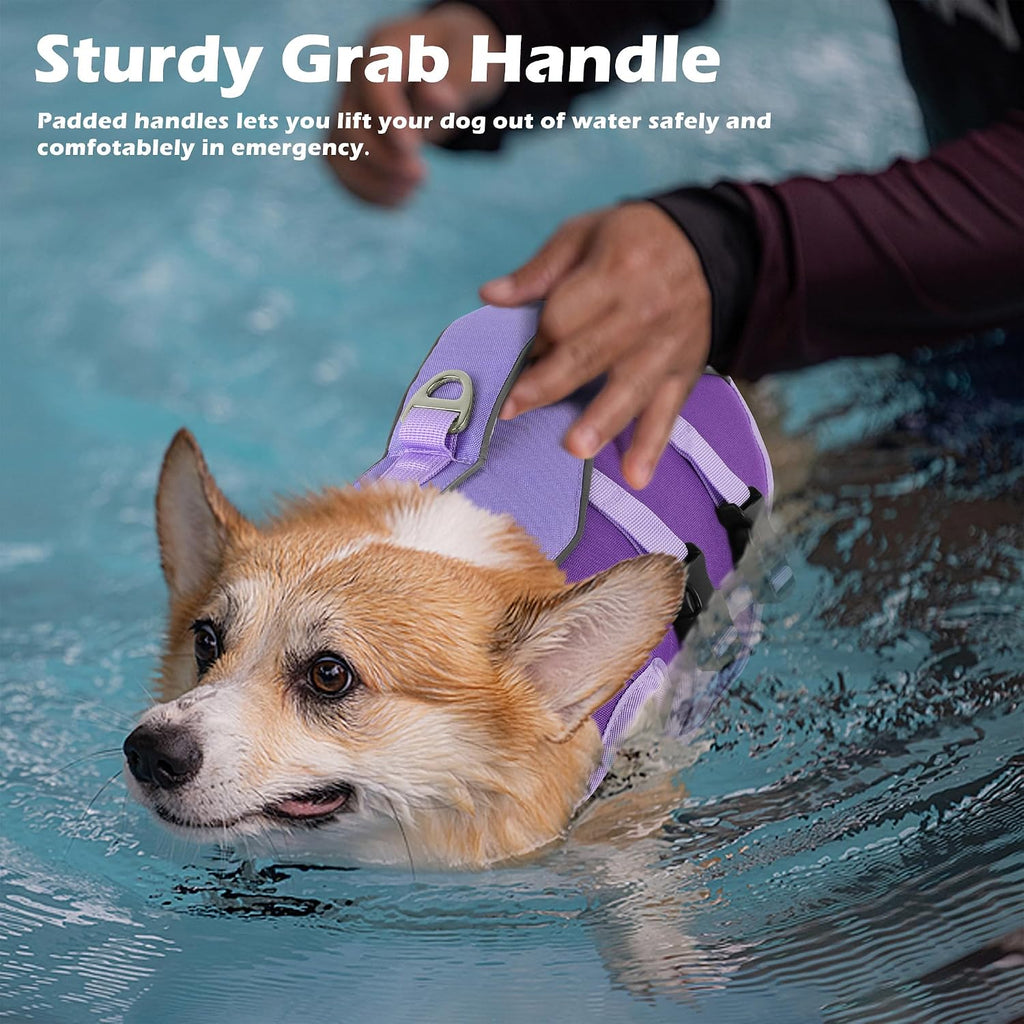 Dog Life Jacket with Handle Adjustable Swim vest, Purple, M