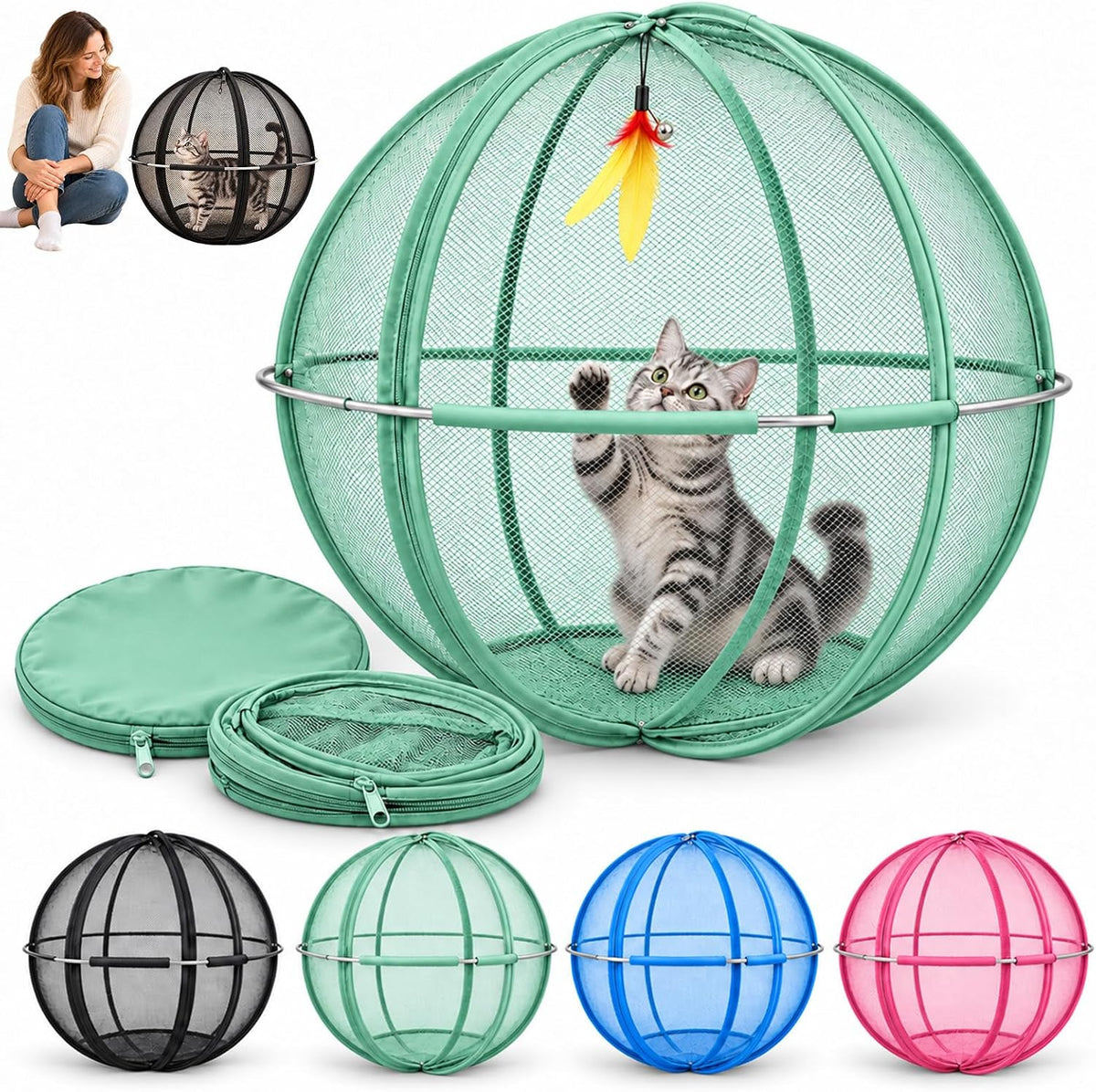 Rolling Cat Hamster Ball for Outside, Giant Mesh Cat Ball Cage Playpen，Blac
