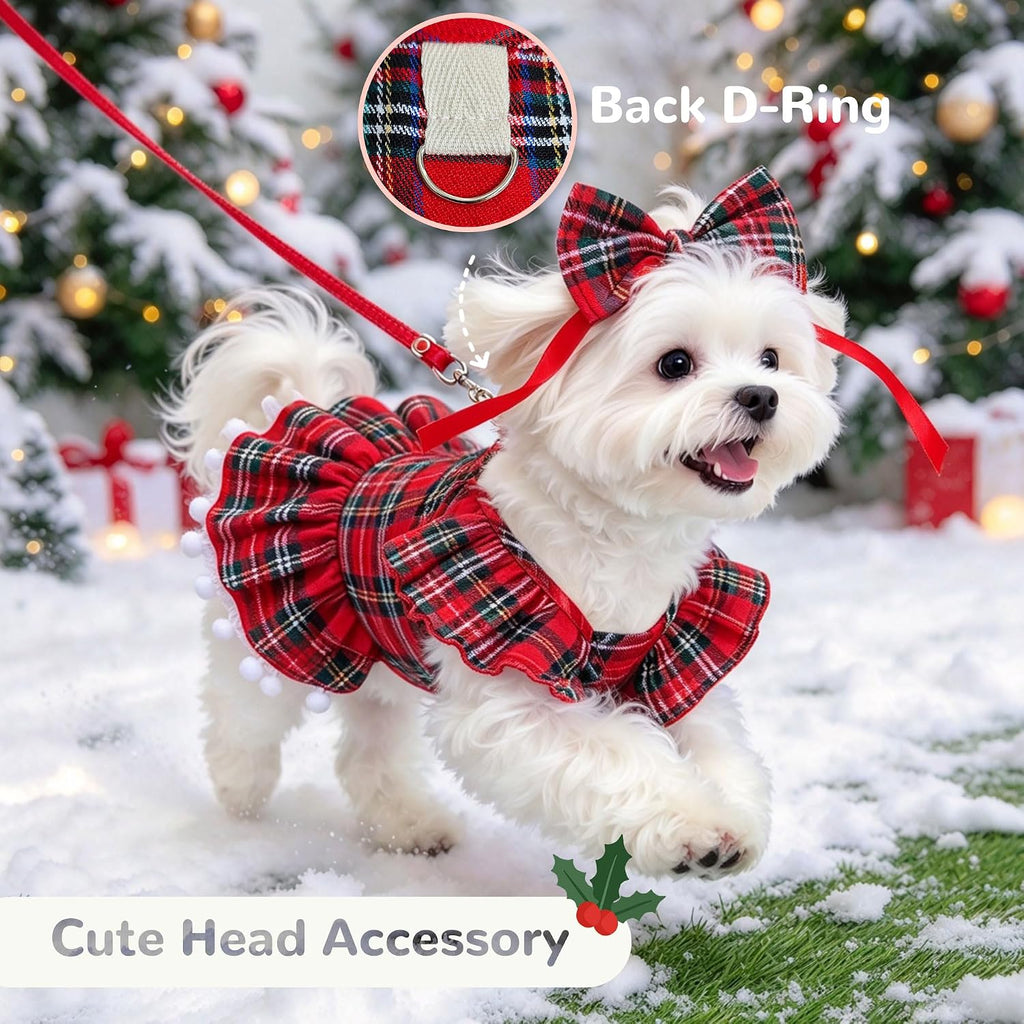 Plaid Small Dog Cat Christmas Dress Outfits with Bow & Leash D-Ring,Soft Breathable Cute Ruffle Xmas Puppy Clothes Girl,