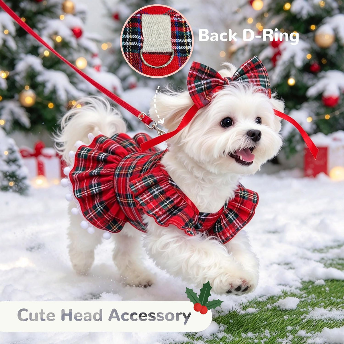 Plaid Small Dog Cat Christmas Dress Outfits with Bow & Leash D-Ring,Soft Breathable Cute Ruffle Xmas Puppy Clothes Girl,