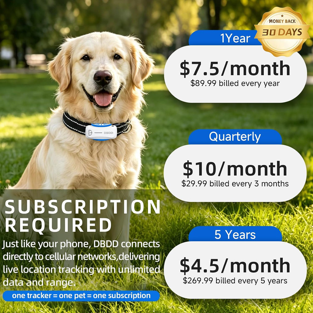 GPS Dog Tracker, Includes 40‑Day Subscription, IP67 Waterproof, White