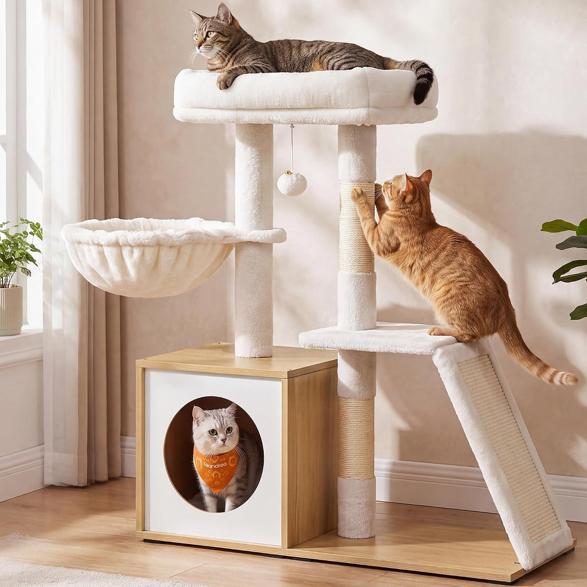 Feandrea Cat Tree, 3-Tier Cat Tower with Scratching Post and Wood Condo