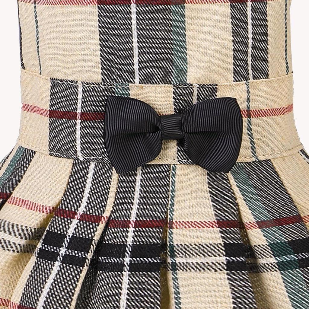 PUPTECK Classic Beige Plaid Dog Dress with Bow Puppy Skirt Clothes S