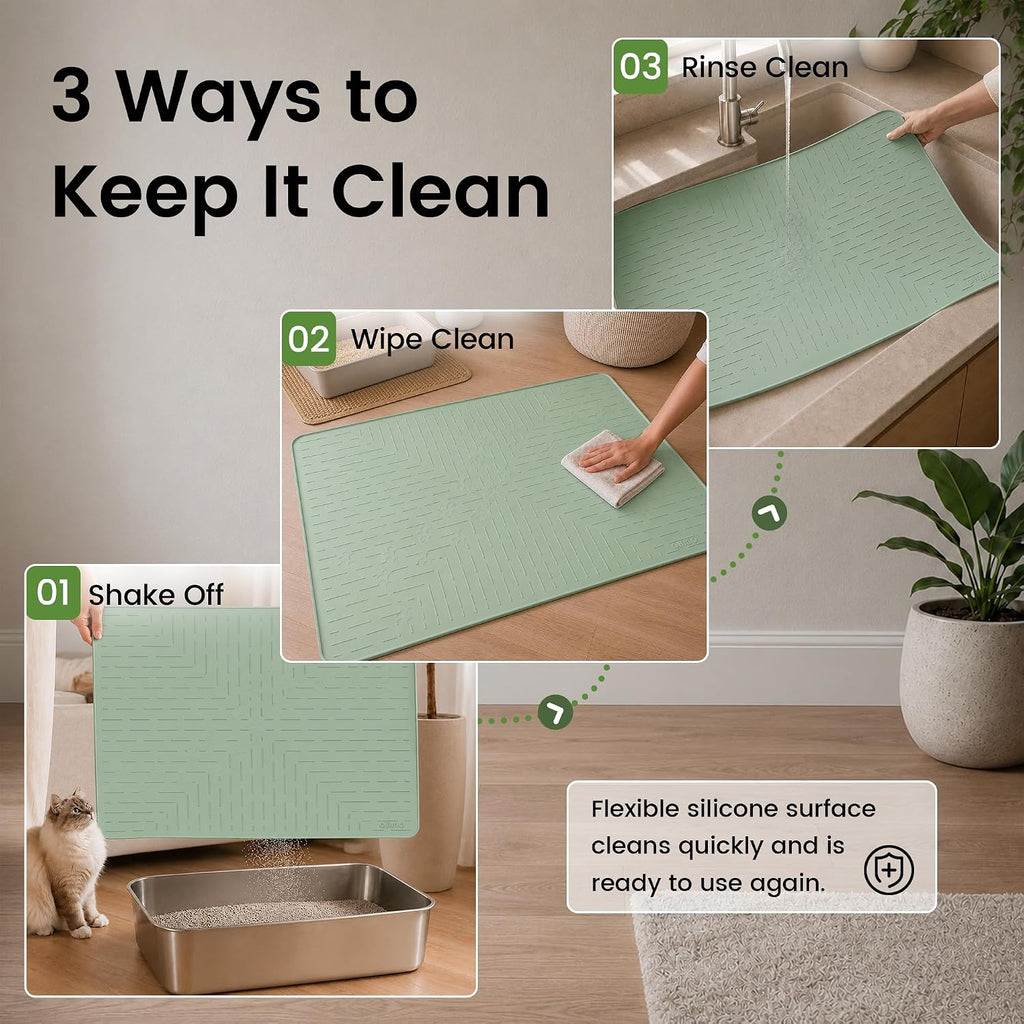 OHMO Large Cat Litter Mat, 31.5x23.6" Silicone Trapping Mat Sage Green