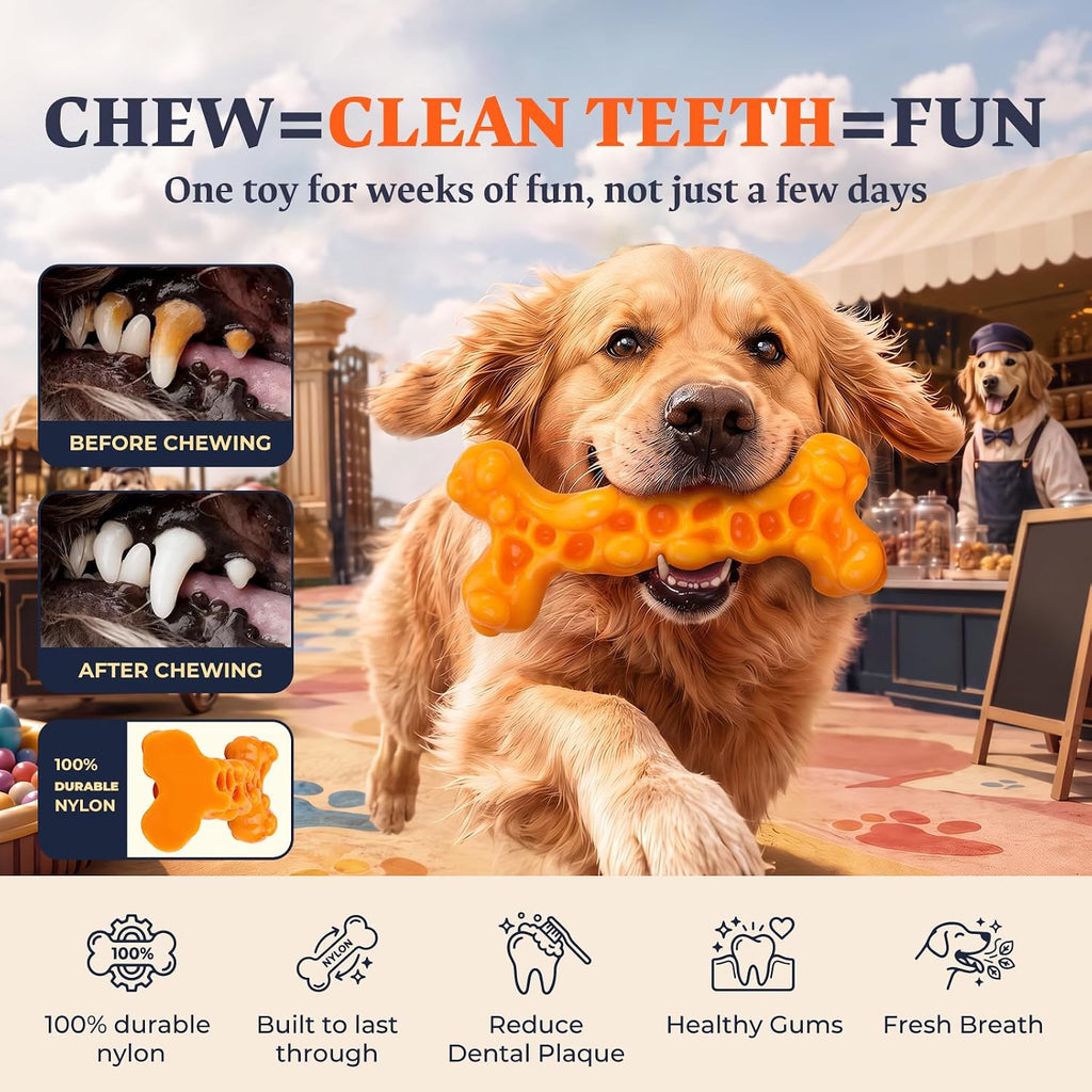 3-Pack Tough Dog Toys for Aggressive Chewers 25-90lbs, Hard Nylon