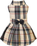 PUPTECK Classic Beige Plaid Dog Dress with Bow Puppy Skirt Clothes S