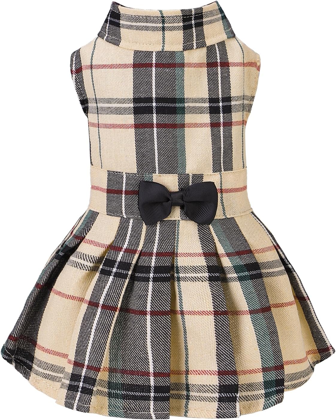 PUPTECK Classic Beige Plaid Dog Dress with Bow Puppy Skirt Clothes S