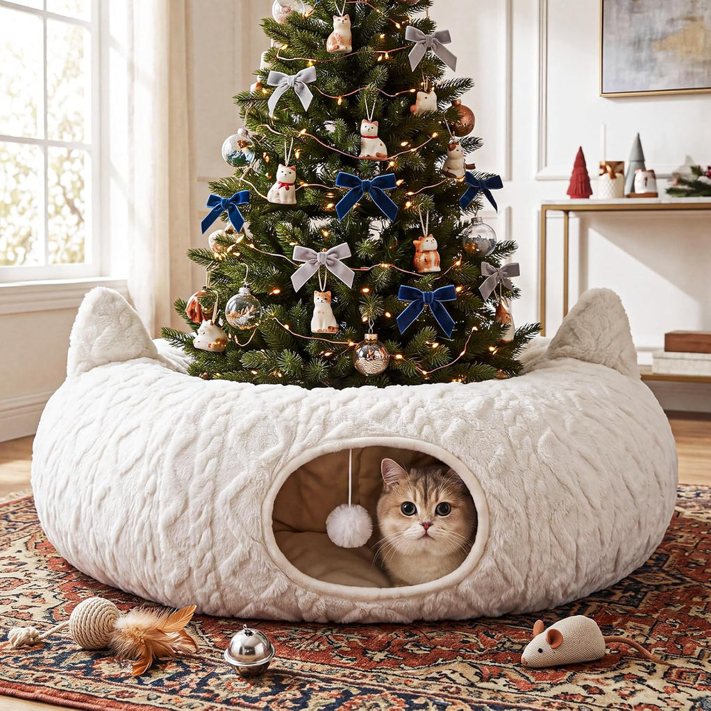 Christmas Cat Tunnel Tree Skirt, White, 43.3 x 12 in, Cat Ear