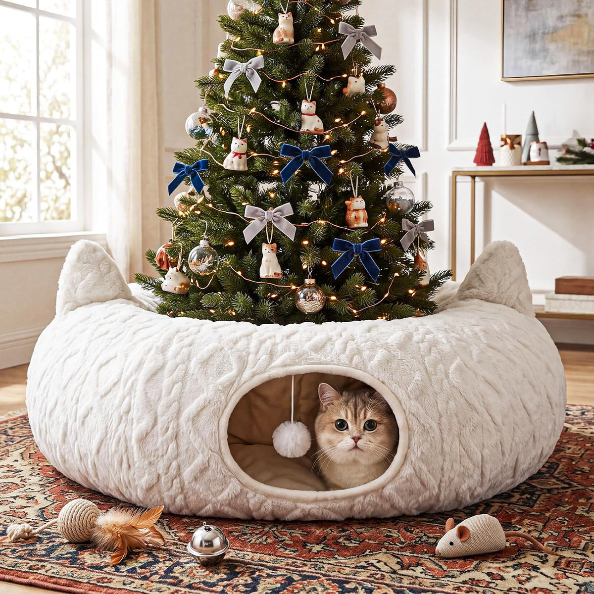 Christmas Cat Tunnel Tree Skirt, White, 43.3 x 12 in, Cat Ear