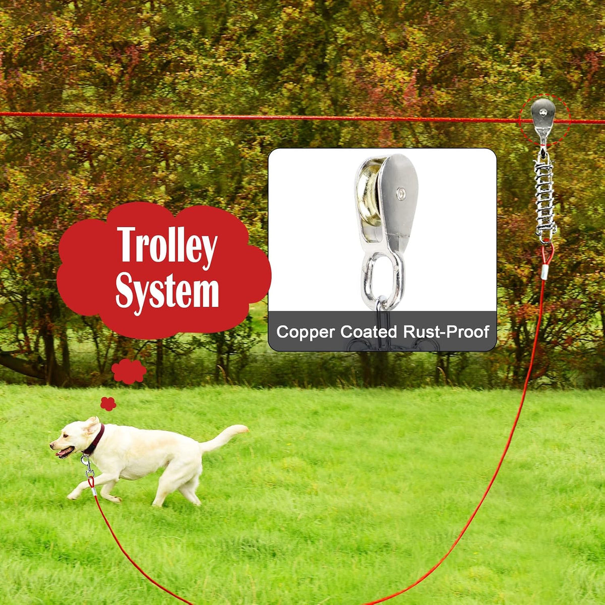 Dog Runner for Yard, Outdoor Dog Run, 100FT+15FT, Red