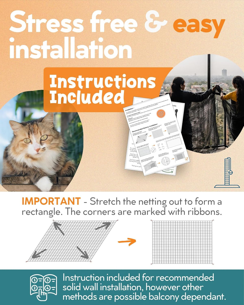 Steel Reinforced Cat Netting for Balcony - Cat Net for Catio – Safety Netting for Pets - Animal Proof Screen - Strong Pe