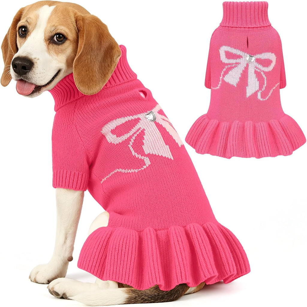 Bowknot Dog Sweater Dress for Small Dogs Girl, Stretchy Pet Clothes