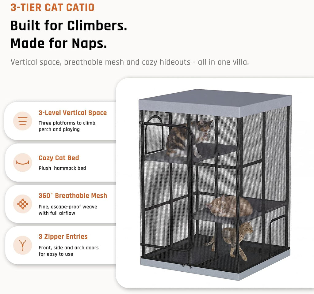 Large 3 -Tier Catio Outdoor Cat Enclosures Weatherproof, 51" H