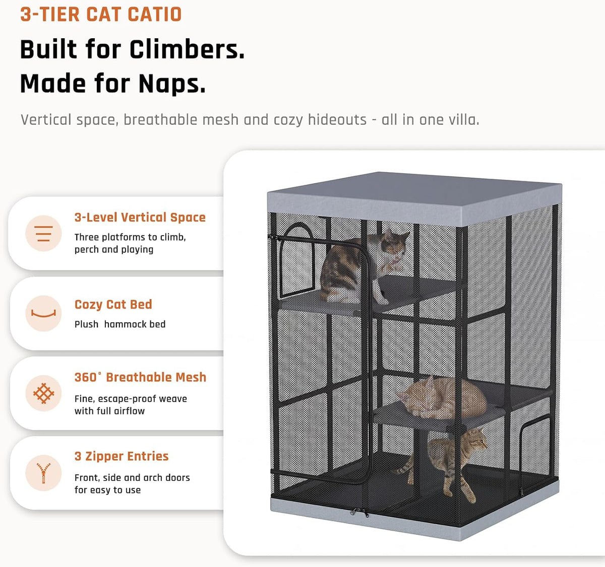 Large 3 -Tier Catio Outdoor Cat Enclosures Weatherproof, 51" H