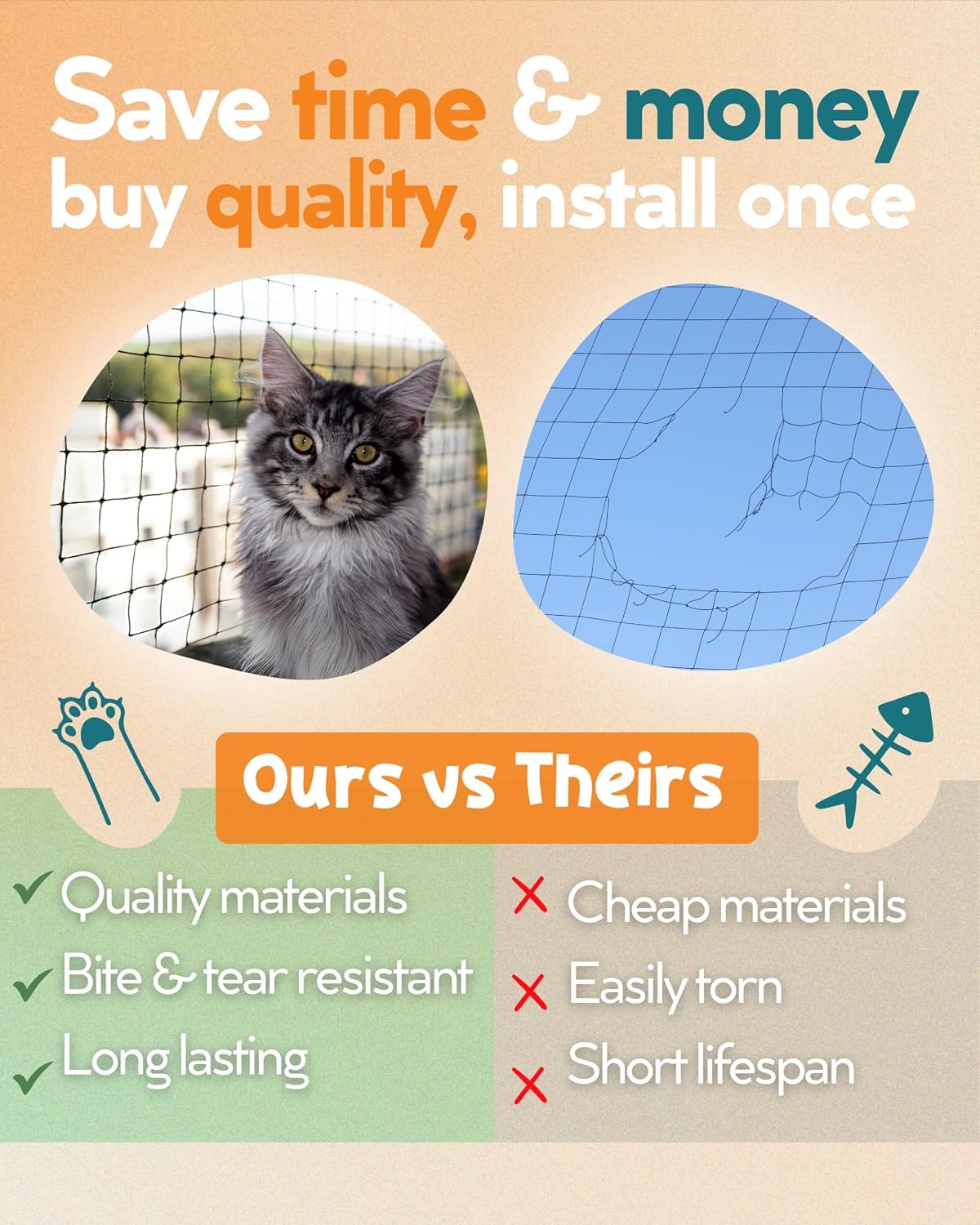 Steel Reinforced Cat Netting for Balcony - Cat Net for Catio – Safety Netting for Pets - Animal Proof Screen - Strong Pe