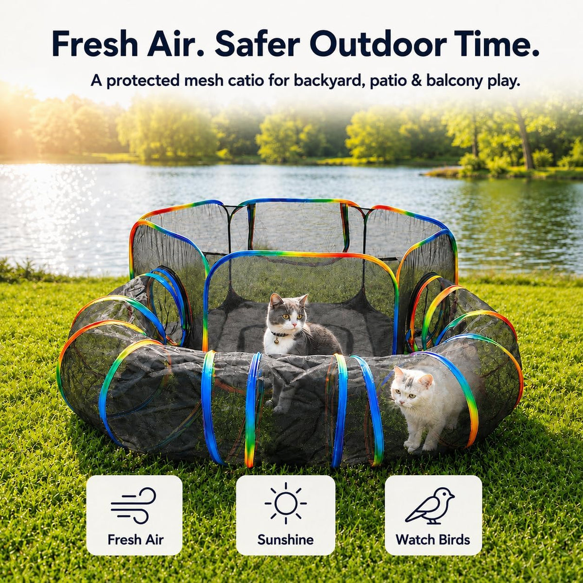 Portable Cat Enclosure with Tent & Tunnel, Rainbow Color
